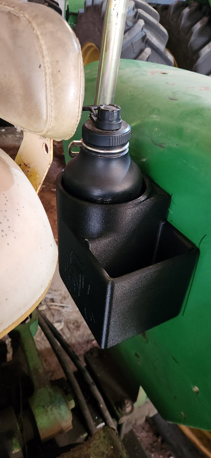 Inner Fender Mounted 5 and 3/8 Drink Holder with Bin for John Deere 5 Series, 3D-printed by Farm Sip Supreme, installed