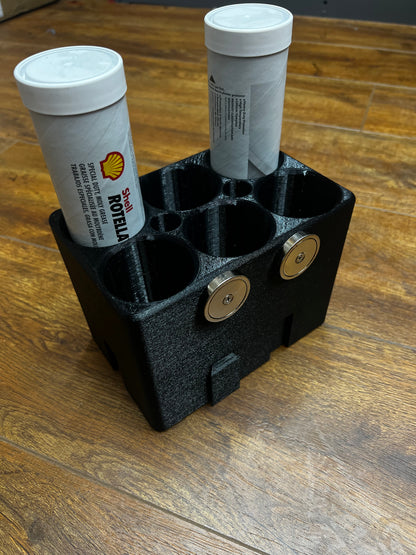 6 Pack Grease Tube Holder for service trucks, 3D-printed by Farm Sip Supreme, side view