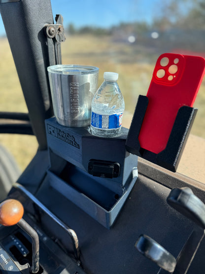 John Deere SoundGard 30/40/50 Series Cup Holder, New Edition, 3D-printed by Farm Sip Supreme, in the cab